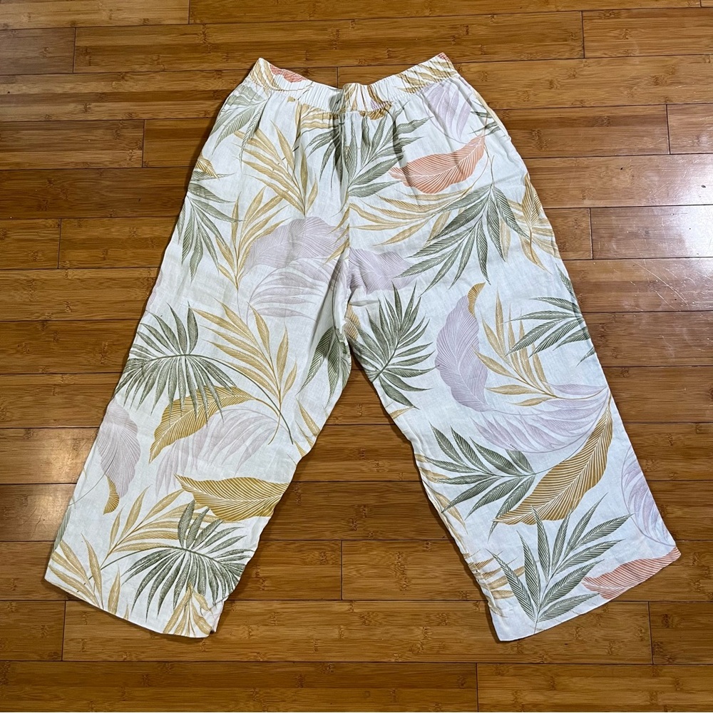 Tahari 100% Linen Tropical Leaf Print Pastel Wide Leg Crop Casual Pants - Picture 9 of 10